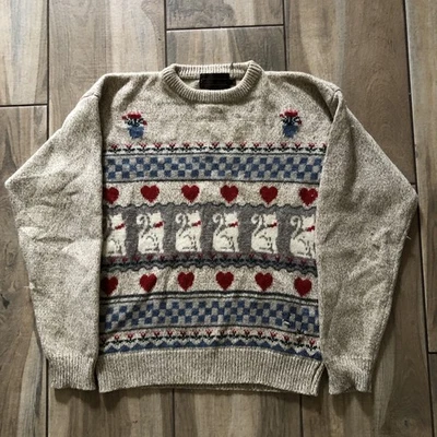 Vtg Eddie Bauer 1988 Cat Knit Heart Sweater Large Vintage 80s  - Image 1 of 4