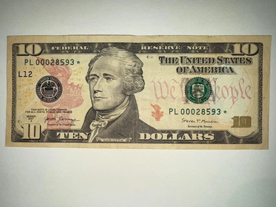 Rare $10 Dollar Bill Banknote Series 2017 A Star Note PL 00028593 ☆ - Image 1 of 2