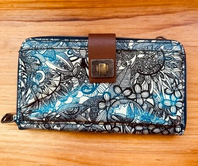 Bandolera Sakroots Grande Smartphone Muñequera Azul Marino y Crema Floral Cremallera Alrededor Foto 1 de 4