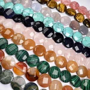 16mm Natural Flat Faceted Round Tiger Eye/Opal /Agate Gemstone Coin Loose Beads - Picture 1 of 29