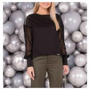 Maglietta Maglia Blusa Top da sera con lurex nero argento a rete tulle - Foto 1 di 5
