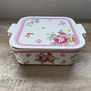 Grace's Pantry Pink Rose Butterfly Square Cake Casserole Baking Dish Spring 9” - Picture 1 of 5
