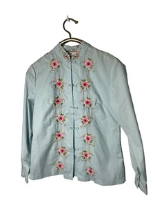 Vtg 60s Chinese Peacock poly/cotton Blue Hand Embroidered Button Up 36 Women - Picture 1 of 2