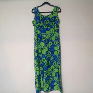Vintage 70s JC Penneys Hawaii Floral Empire MUMU Blue Green Hibiscus No Size Tag - Bild 1 von 4