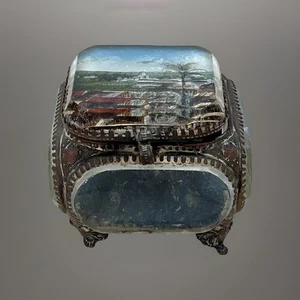 ANTIQUE GLASS ORMOLU JEWELLERY CASKET SOUVENIR JERUSALEM TRINKET BOX JUDAICA - Picture 1 of 7