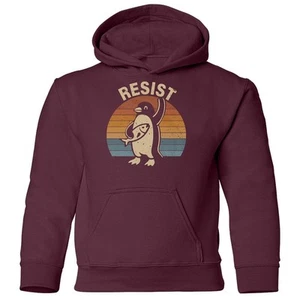 Resist Penguin Protest - Retro Anti-Tariff Funny Youth Hooded Sweatshirt - Picture 1 of 9