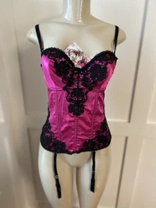 Lovely Satin Lace Seven Till Midnight Corset Basque Suspenders NWT SZ M Fuchsia - Picture 1 of 7