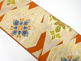 7761776: JAPANESE KIMONO / ANTIQUE FUKURO OBI / SILK / WOVEN FLORAL CREST