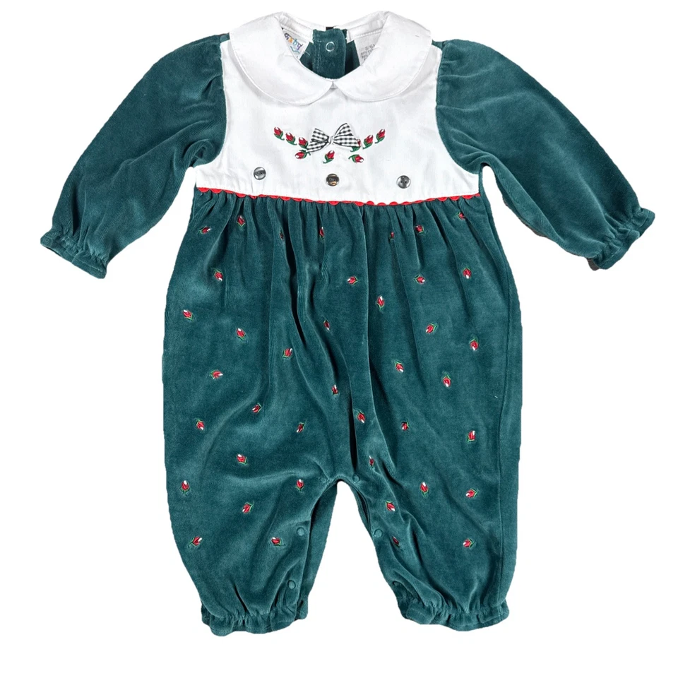 Mameluco vintage de Navidad verde para bebés niñas 3-6 meses rosas botones terciopelo una pieza Foto 1 de 4