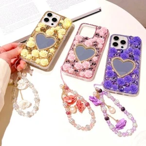 Customized Bling Diamonds Sparkly Heart Flowers Mirror Phone Case w/ Lanyard #G - Picture 1 of 26