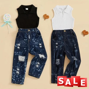 Toddler Infant Baby Girls Denim Pants Outfits Sleeveless Tops Jeans Clothes Set - Picture 1 of 17