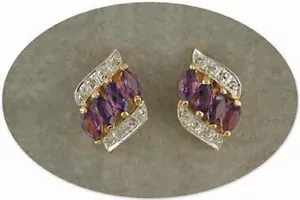 18 KT GOLD OVER STERLING SILVER AMETHYST & DIAMOND EARRINGS  - Picture 1 of 1