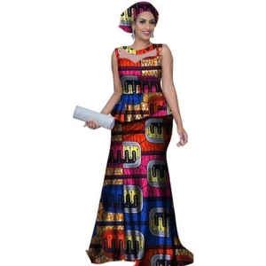 African Style Long Dress For Women Cotton Print Kitenge Ankara with Head X11414 - Picture 1 of 12