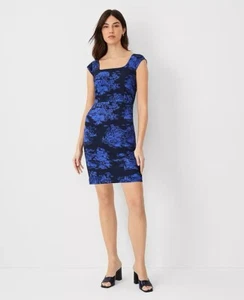 NWT Ann Taylor $149 Cap Sleeve Square Neck Sheath Dress Size 0 Dazzling Blue - Picture 1 of 3