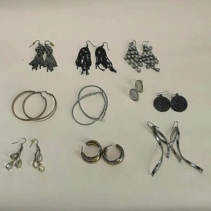 Vintage Lot of 10 Pairs of Pierced Earrings Dangle Hoop Silvertone Crystal T6 - Picture 1 of 11