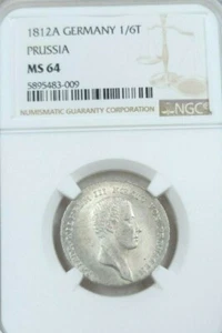 1812 GERMANY SILVER 1/6 THALER PRUSSIA NGC MS 64 SCARCE BEAUTIFUL BRIGHT BU - Picture 1 of 7