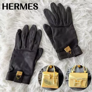 HERMES Kelly Cadena Charm Leather Gloves Black Size 6 1/2 - Picture 1 of 9