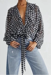 Free People Einheitsgröße Gingam kariertes Rüschenhemd vorne zum Binden schwarz & weiß Schweizer Punkte neu ohne Etikett - Bild 1 von 8