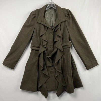 Abrigo Ryu con Volantes Mujer Grande Mezcla de Lana Cinturón Marrón Botón Frontal Casa de Campo Foto 1 de 4