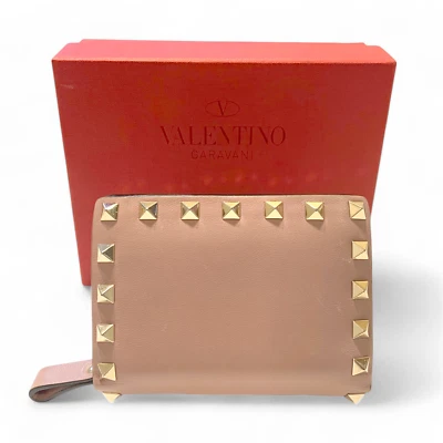 【 DDP 】 VALENTINO GARAVANI Bi-ford Carteira Rock Stud Couro Rosa Feminina Autêntica - Imagem 1 de 4