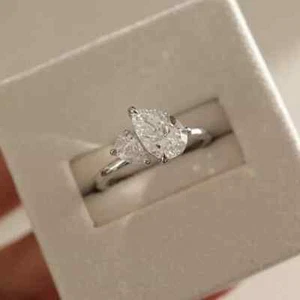 1.70 TCW Pear Cut Moissanite Two Stone Engagement Ring In 14K White Gold Plated - Picture 1 of 10