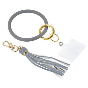 Key Ring Bracelet, Silicone Round Keychain Wristlet Tassel Keyring, Gray