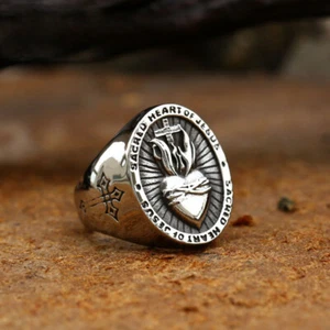 Vintage Sacred Heart Of Jesus Cross Ring Anillo Punk Amuleto de Hombre de Acero Inoxidable - Imagen 1 de 4