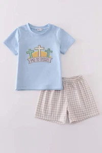 Boy's Boutique Blue Easter Cross He Is Risen Applique Gingham 2 Piece Outfit Set - Picture 1 of 8