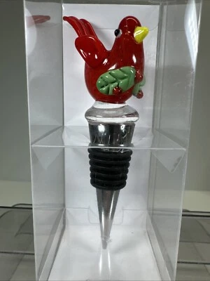 Nuevo tapón de botella de vino Red Bird Cardinal Holly vidrio soplado a mano en caja vacaciones Foto 1 de 4