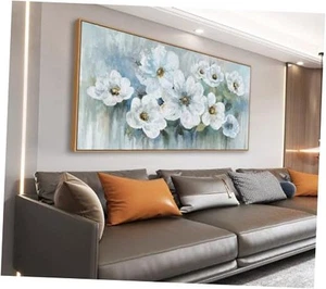  Flowers Canvas Wall Art - Pictures 40L" x 20W" Rustic White Flowers Framed - Picture 1 of 7