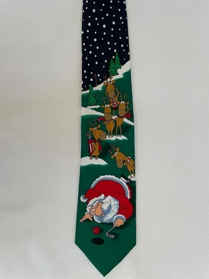 Yule Tie Greetings Hallmark Reindeer Santa Golfing Snowflakes Silk Necktie - Image 1 of 4