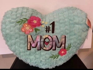 #1 Mom Teal Heart Shaped Super Soft Fuzzy Faux Fur Pillow. Embroidered - Picture 1 of 6