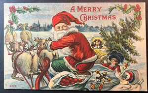 A Merry Christmas Christmas lithograph post card Santa Sleigh and Reindeer 1910 - Picture 1 of 2