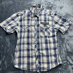 Camisa Affliction Negra Premium Live Fast Slim Hombres L Cuadros Manga Corta Abotonada - Imagen 1 de 7