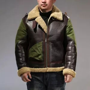 Genuine Leather Shearling Sheepskin B3 Bomber Fur Motorcycle Zip Jacket M / L - Picture 1 of 23