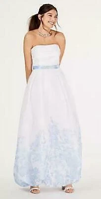 Teeze Me Juniors Strapless Floral-Hem Gown, Size 9-10/ White and Blue - Imagem 1 de 3