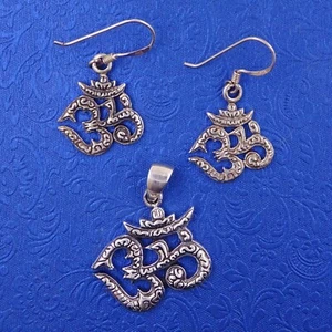 OM Meditation Earrings, Pendant Set 925 Silver Tibetan OM Symbol - Picture 1 of 6