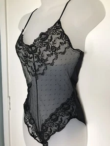  Nylon Sheer Teddy Vintage Black Lace Romper See Thru Sheer High leg Cut  - Picture 1 of 5