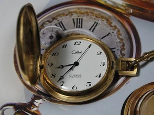 Reloj Bolsillo Vintage 1979 Swiss COLIBRI Tono Dorado 12s 17J Estuche Hunter con Cadena - Imagen 1 de 14