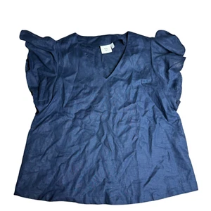 Blusa ligera con cuello en V de lino francés Elk manga volantes azul marino AU12 US8 EU40 - Imagen 1 de 9
