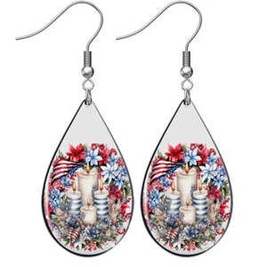 Patriotic Earrings American Flag Memorial Day July 4th Earrings Silver Wires - Picture 1 of 4