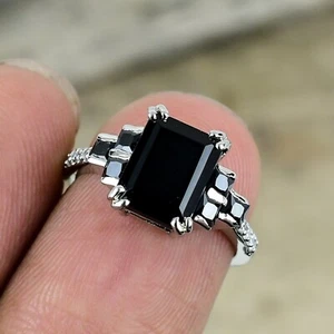 Natural Black Onyx Ring 925 Sterling Silver Ring Baguette Dainty Ring For Women - Picture 1 of 3