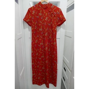 Vtg Betsy's Things 90's Maxi Dress Asian Red Floral Teacher Pencil - Picture 1 of 5