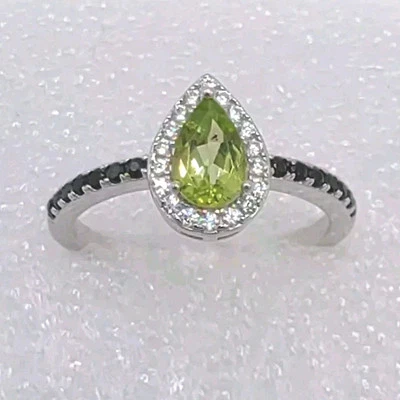 Pear Peridot & Black Spinel Band  Simulated CZ Halo .925 Sterling Silver Ring 8 - Image 1 of 4