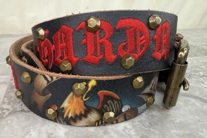 Vtg Ed Hardy Leather Stud Embroidered Belt Y2K Black & Red Eagle Death Dishonor - Picture 1 of 11
