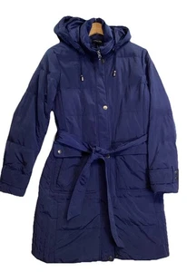 Land's End Damen lange Daunen gefütterte Jacke mit Kapuze Gürtel marineblau Gr. S 6-8 - Bild 1 von 20