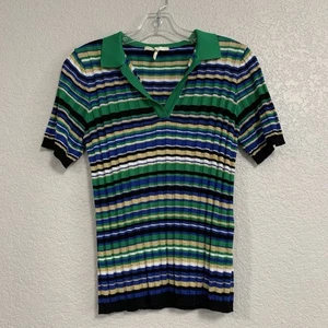 Maje Polo Sweater Womens S Macumba Striped Ribbed Short Sleeve Metallic - Picture 1 of 14