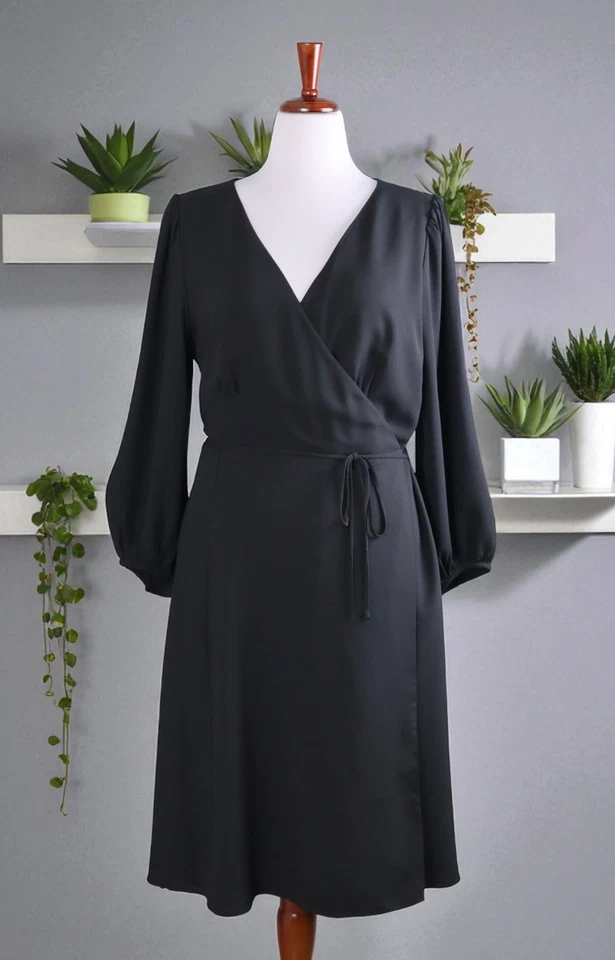 Vestido ANN TAYLOR NUEVO CON ETIQUETAS $129 Negro Sólido Verdadero Envoltura Manga Globo Talla 16 Pequeño Foto 1 de 4