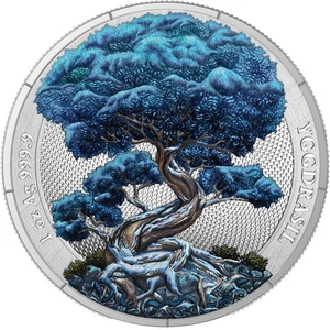 2025 Germania Mythical Forest: Yggdrasil Winter 1 oz argento colorato metallizzato - Foto 1 di 3
