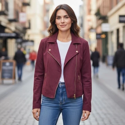 Jaqueta de Moto Thalia Sodi Camurça Artificial Borgonha Feminina M Zíper Assimétrico - Imagem 1 de 4